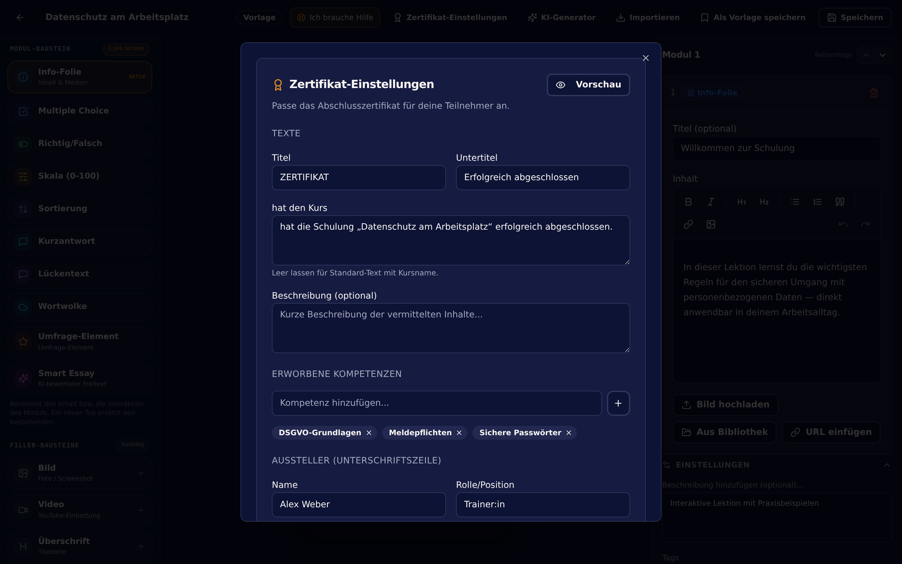 Certificate settings in the lesson editor with title, competencies and issuer