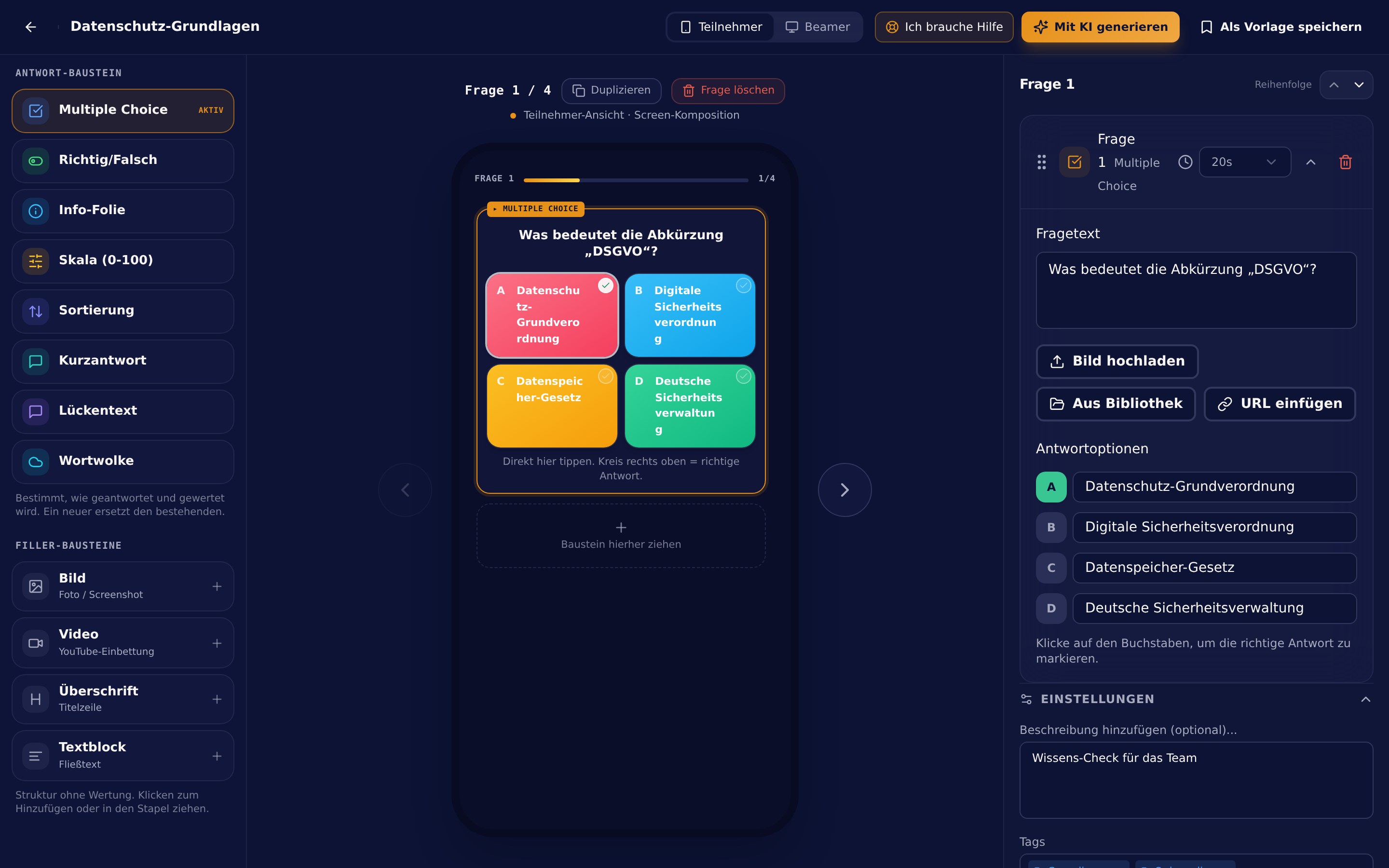 Quiz editor showing AI-generated questions next to a live preview