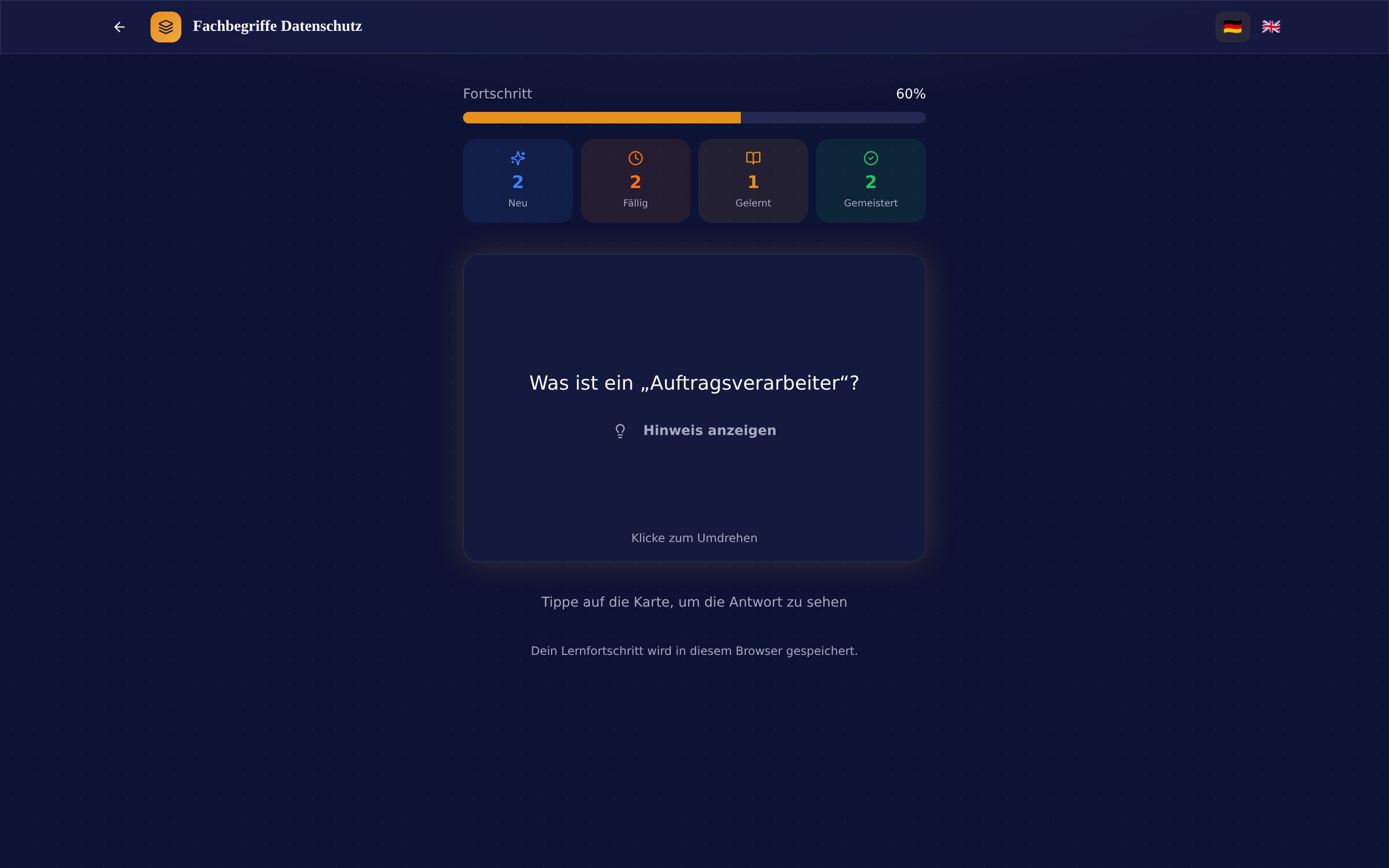Flashcard player showing a card, the progress bar and its spaced-repetition status